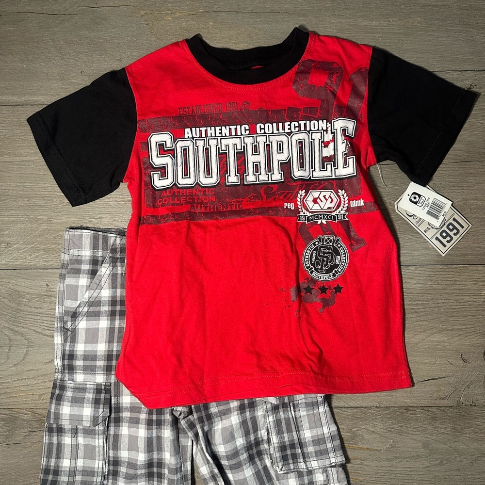 NWT South Pole Kids Red and Black Graphic T-Shirt and toughskins plaid shorts